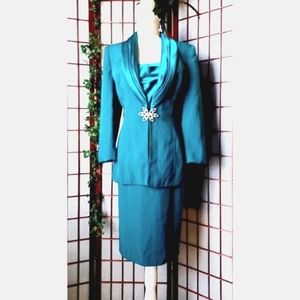 Lillie Rubin Pleated Satin Neck Draped Dress & Jacket 2-Piece Suit - Teal Green